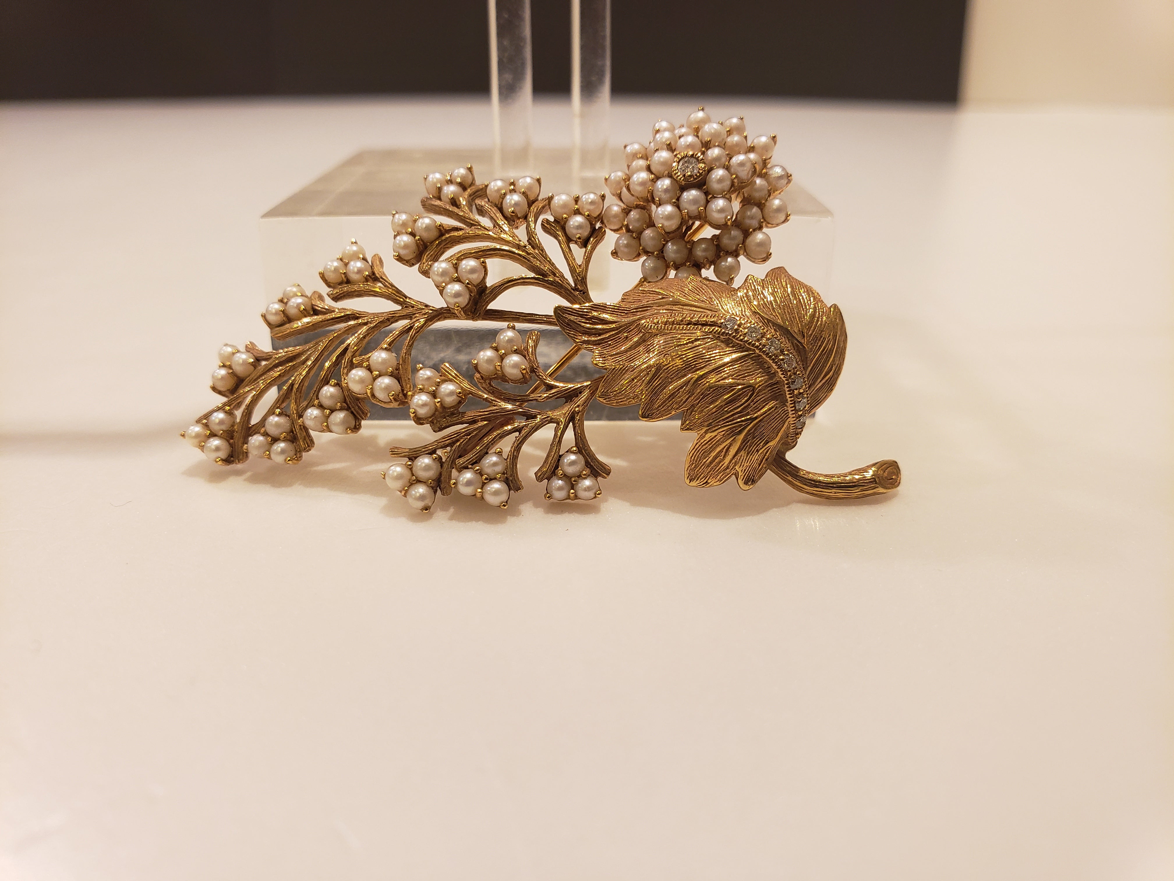 Golden Leaf Brooch with Pearls