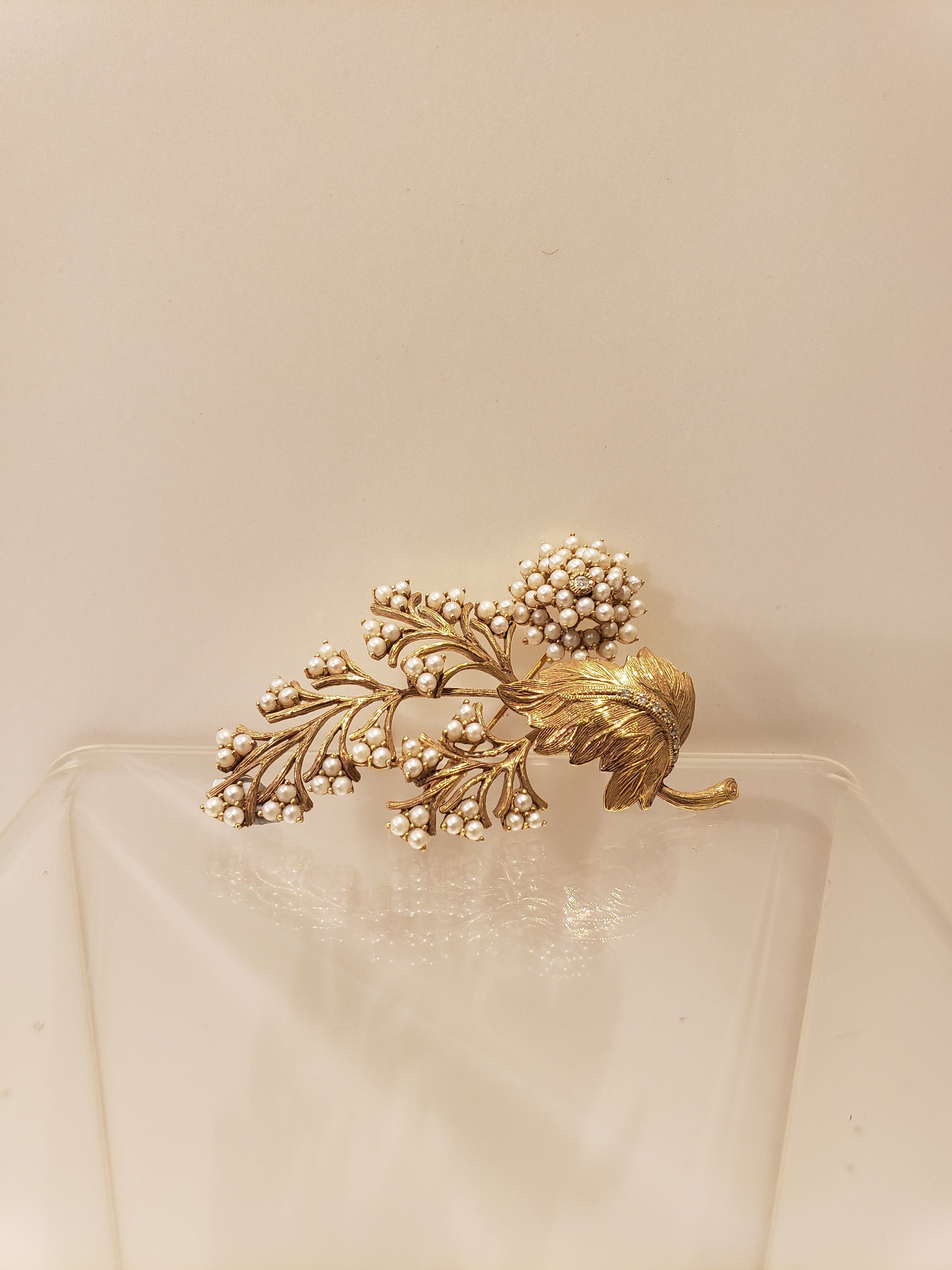 Golden Leaf Brooch with Pearls