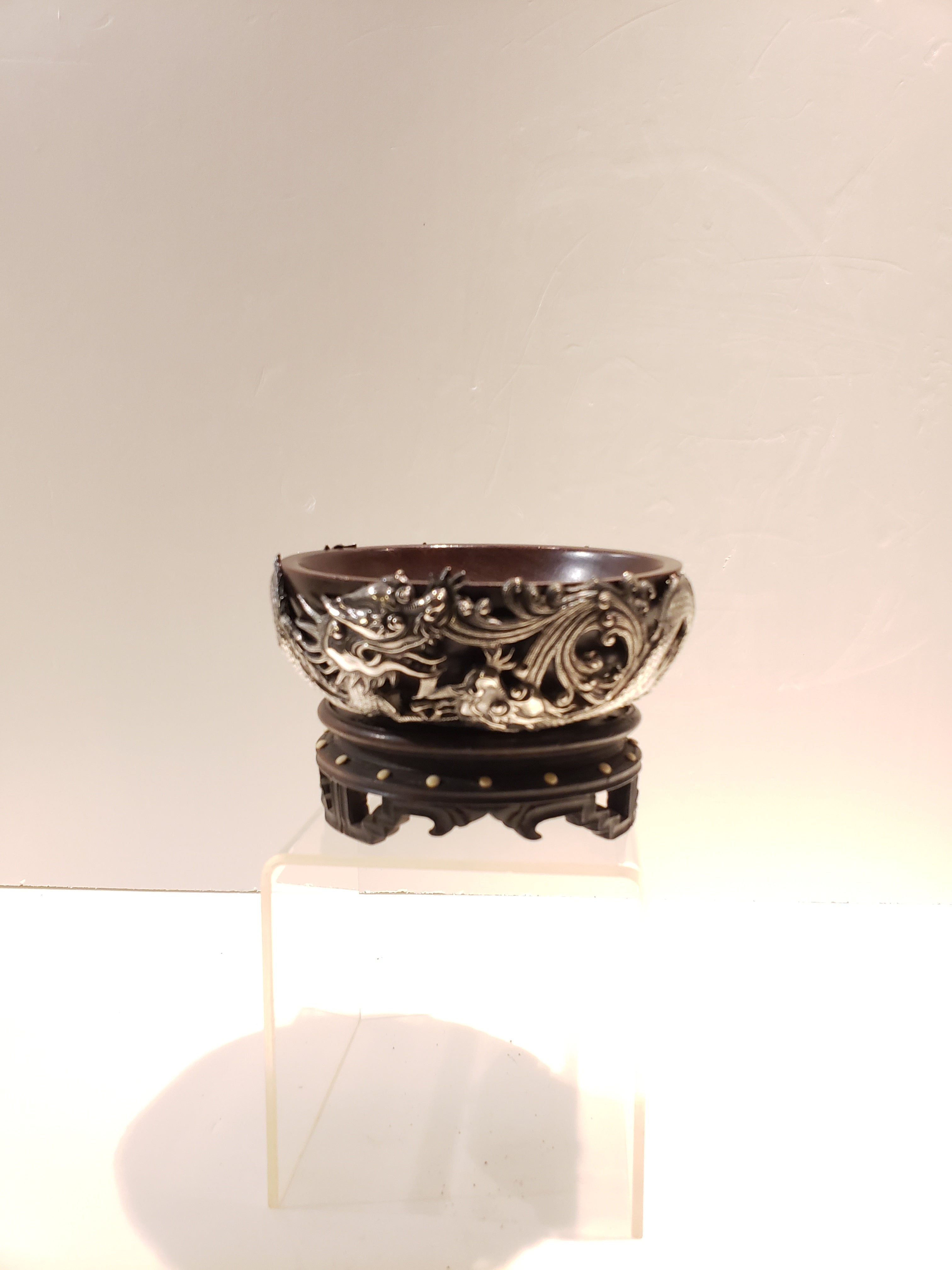 19th Cent Chinese Zitan with silver dragon bowl