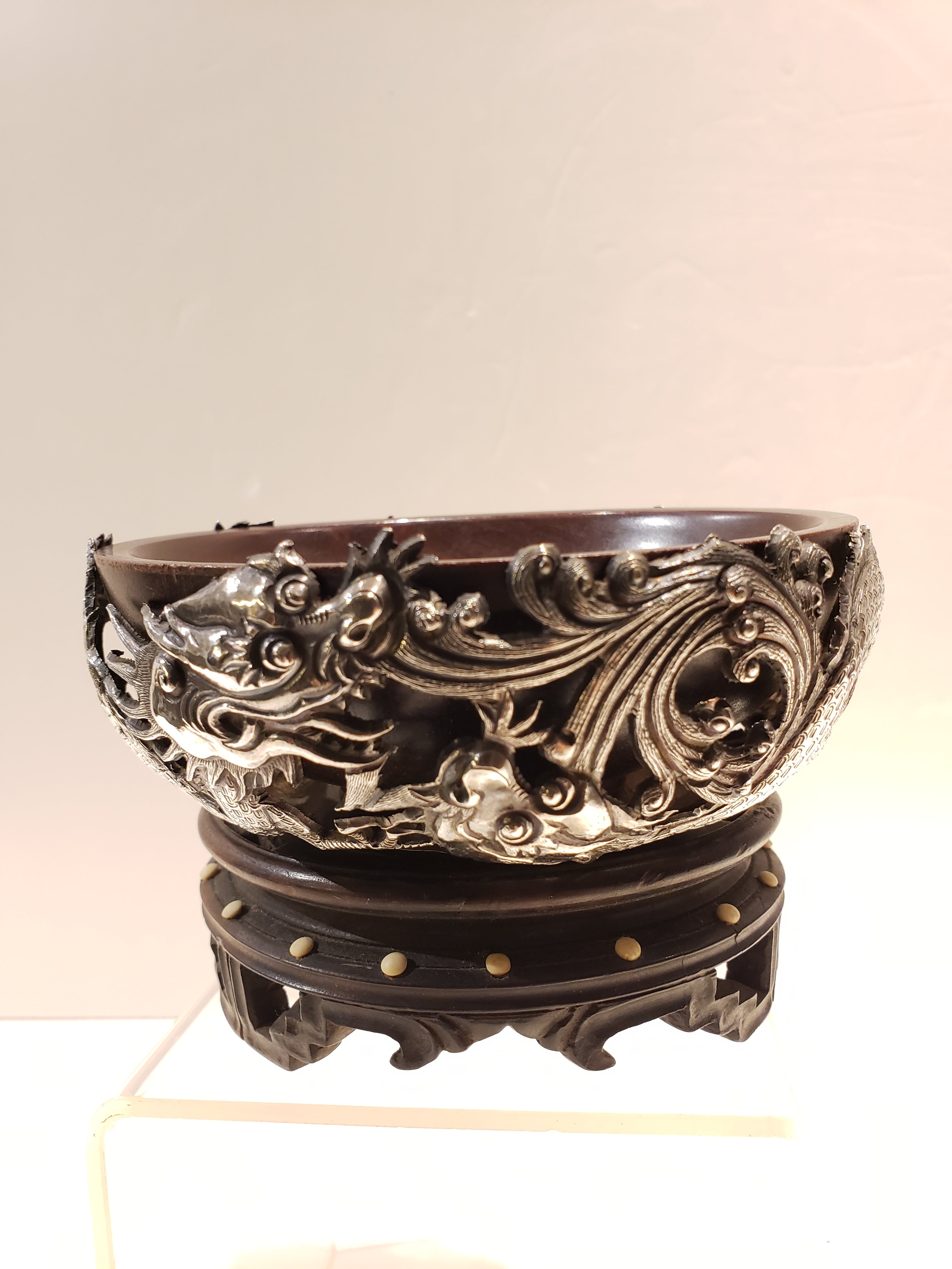 19th Cent Chinese Zitan with silver dragon bowl