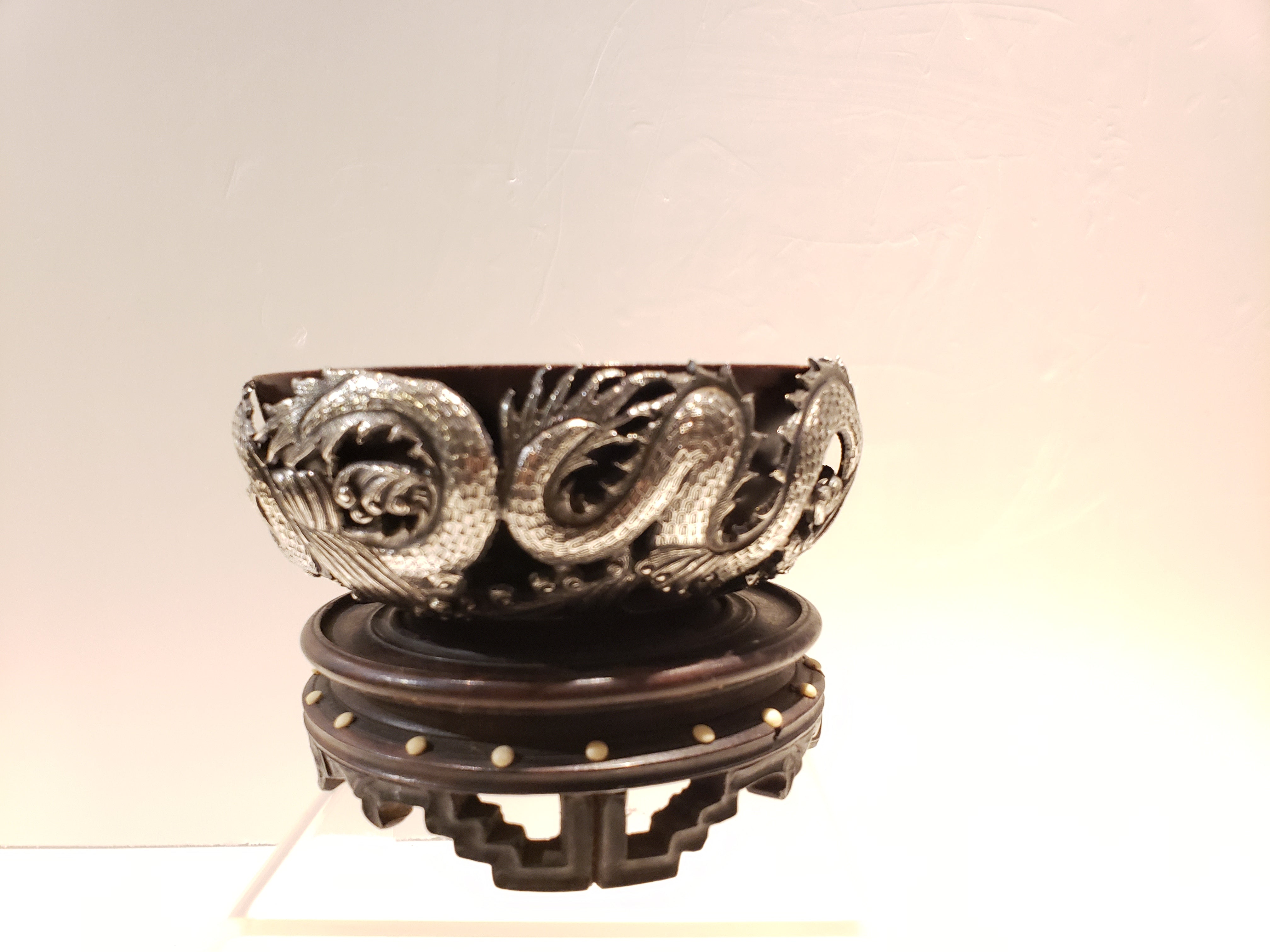 19th Cent Chinese Zitan with silver dragon bowl