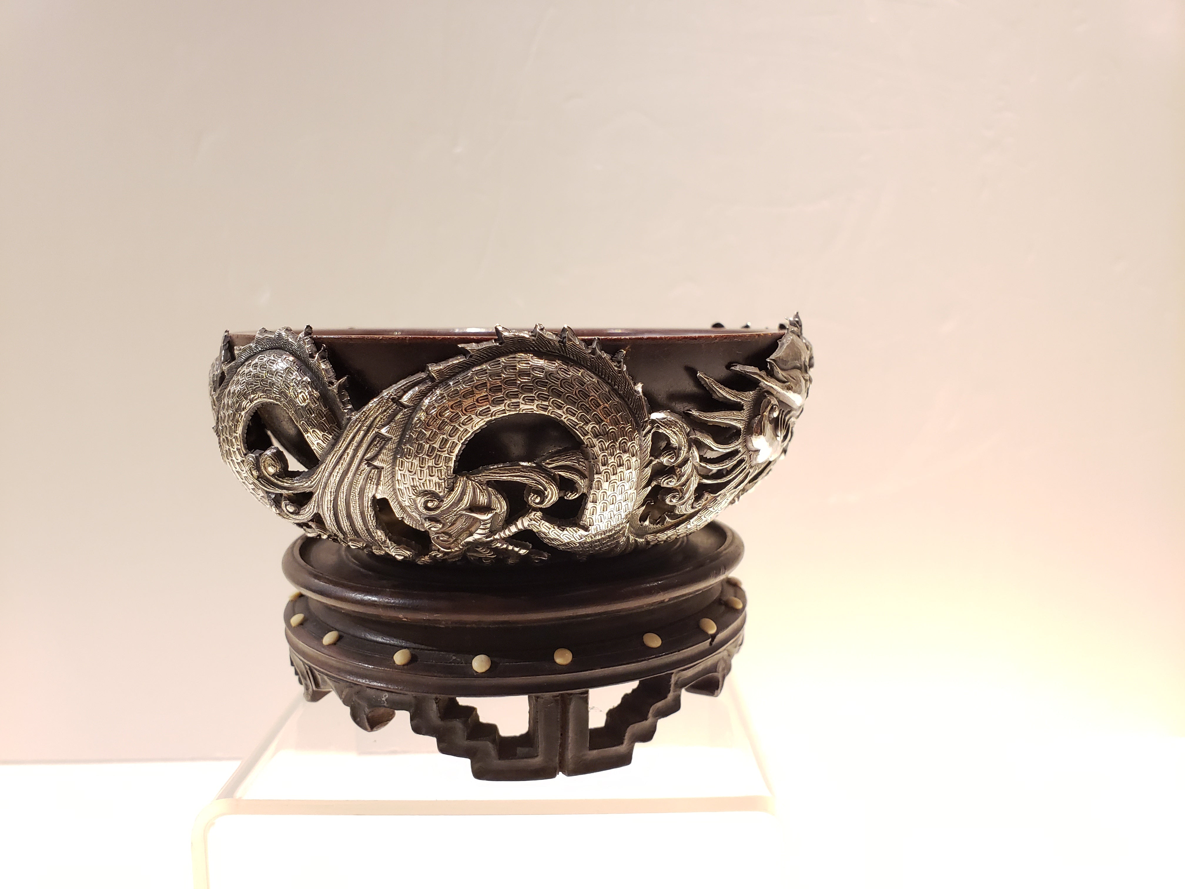 19th Cent Chinese Zitan with silver dragon bowl