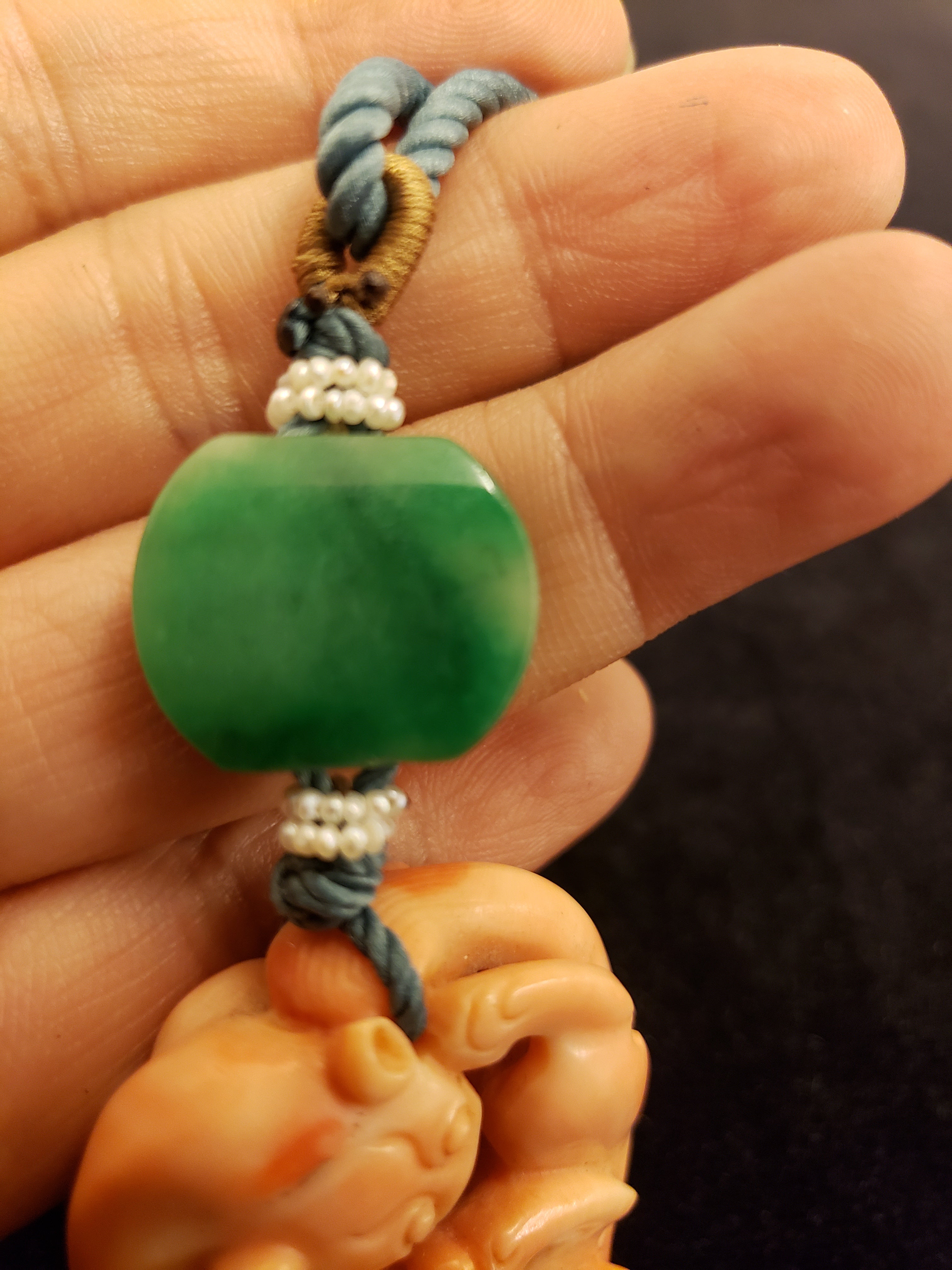 19th century coral pendant with jadeite n white jade necklace