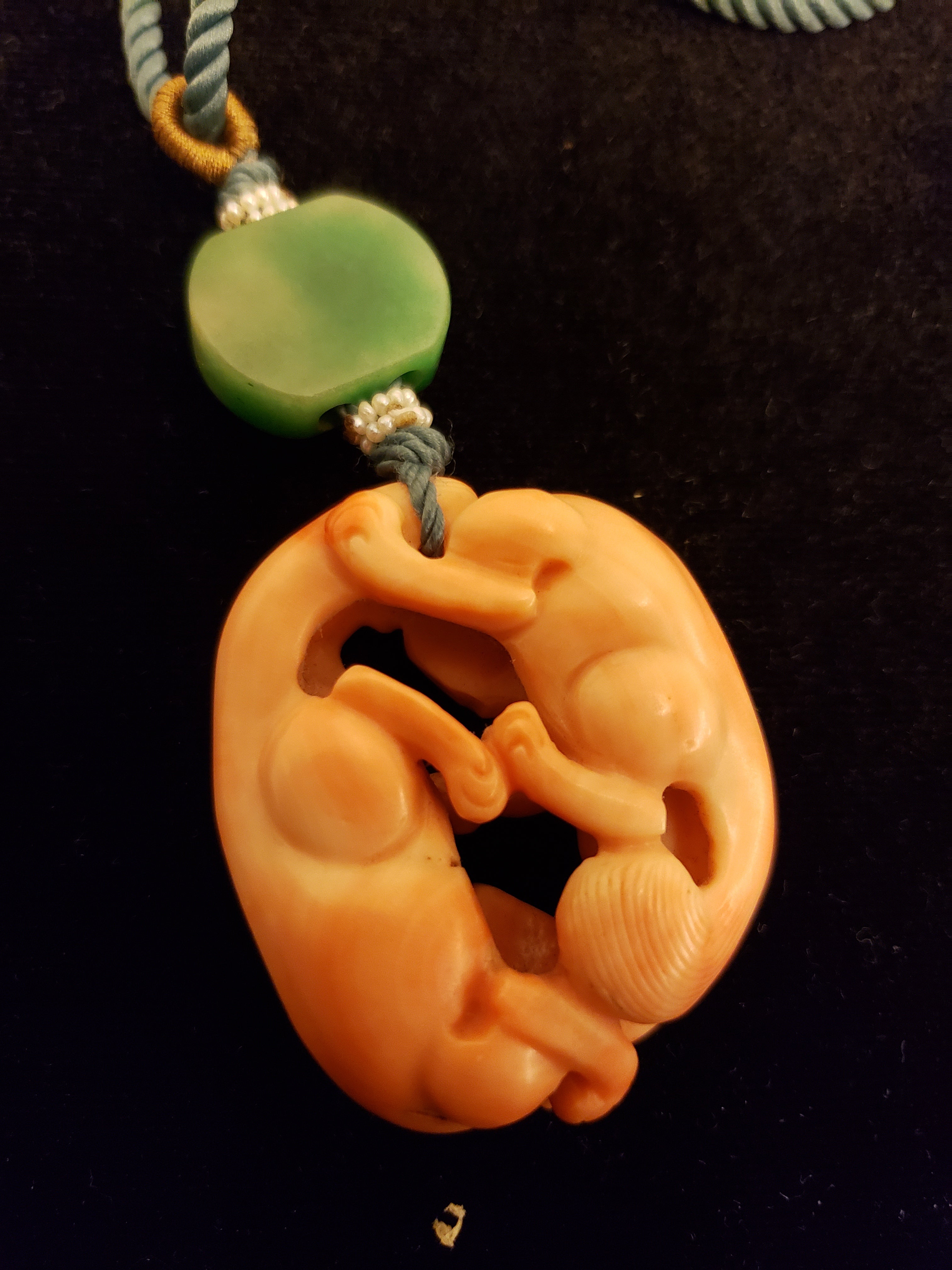 19th century coral pendant with jadeite n white jade necklace